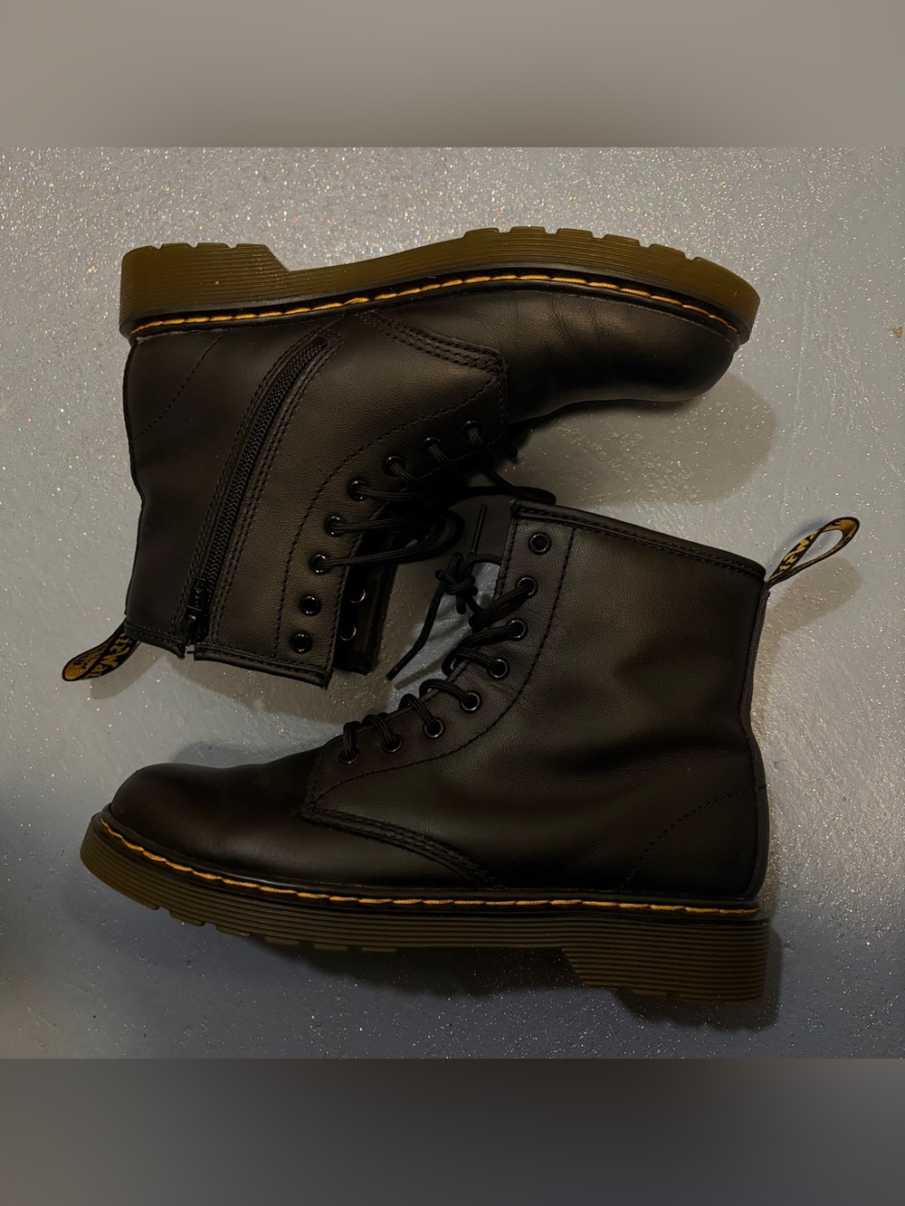Dr. Martens Black Leather Lace-Up Boots with Yellow Stitching